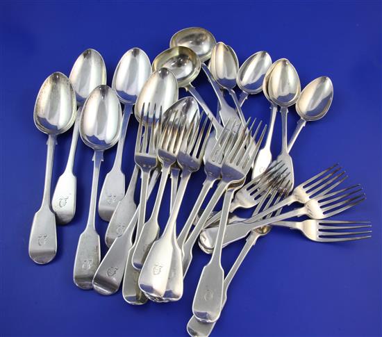 A matched part canteen of 19th century silver fiddle pattern flatware for six, 50 oz.